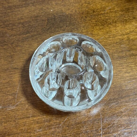 Vintage Flower Frog Clear Glass Floral Arrangement 8 Holes Solid Bottom - Picture 2 of 6
